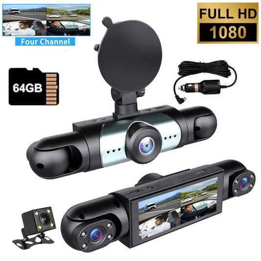 4 Channel Car Dash Cam, 1080P Car DVR with 64GB Memory Card，3.16 Inch, Plug and Play（No Battery），Car Video Surveillance with Night Vision， Car DVR Hd Screen Front Rear Left and Right Dashcam，Holiday Gift