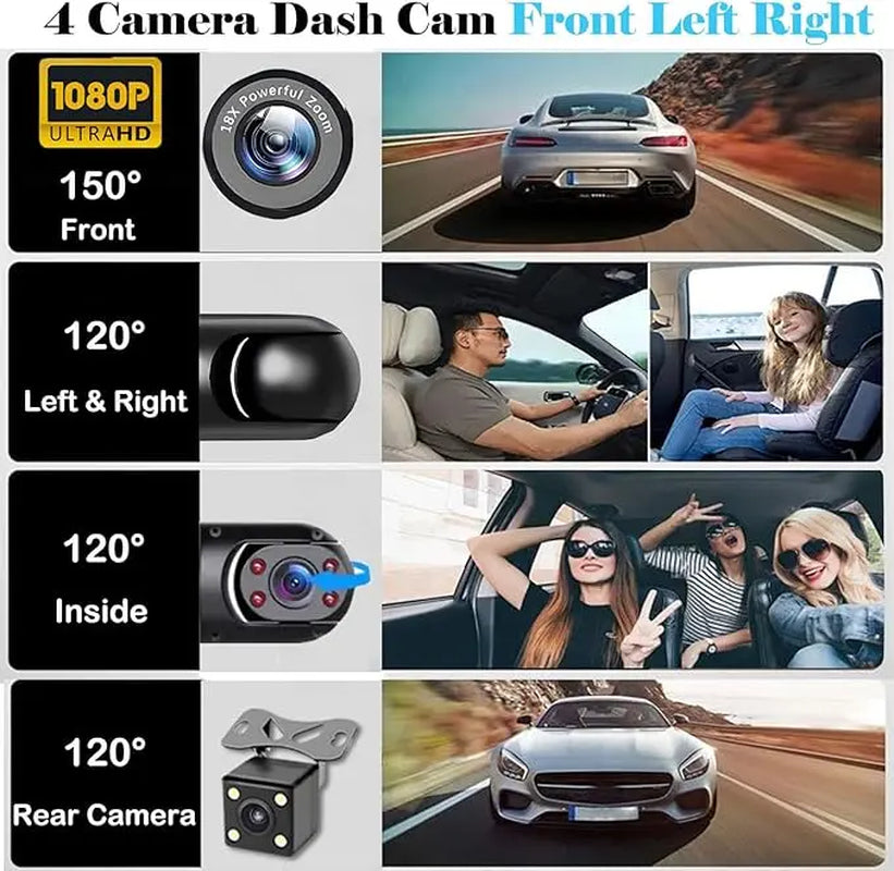 4 Channel Car Dash Cam, 1080P Car DVR with 64GB Memory Card，3.16 Inch, Plug and Play（No Battery），Car Video Surveillance with Night Vision， Car DVR Hd Screen Front Rear Left and Right Dashcam，Holiday Gift